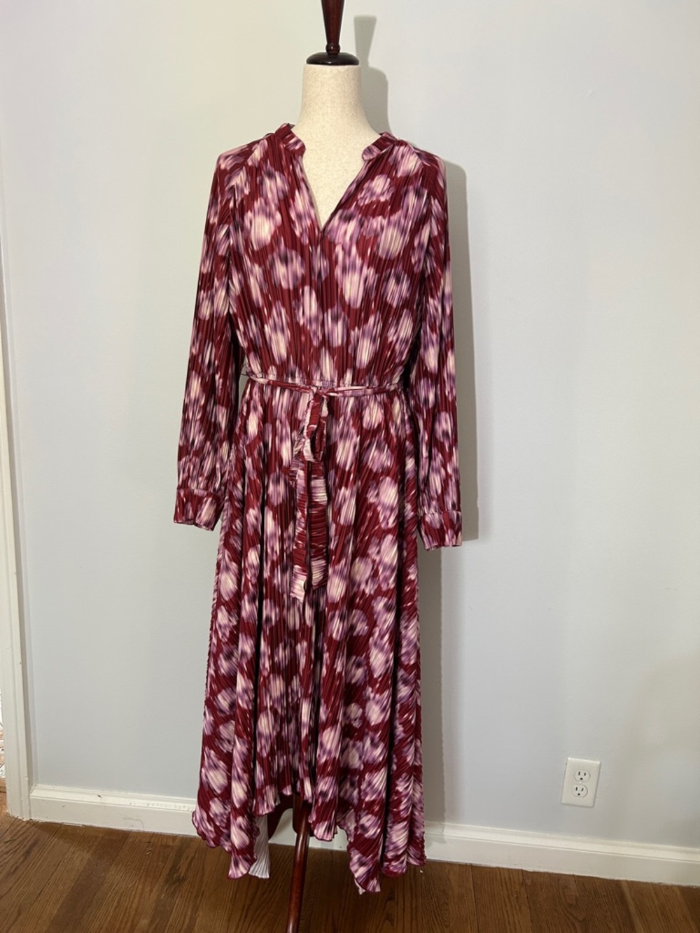 Burgundy & Light Purple Printed Long Sleeve Midi Dress with Tie Waist